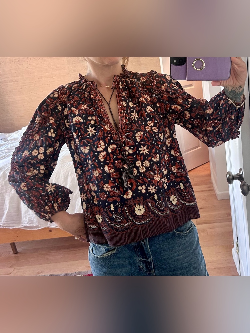 Ulla Johnson Navy and Rust Floral Tie-Neck Tunic